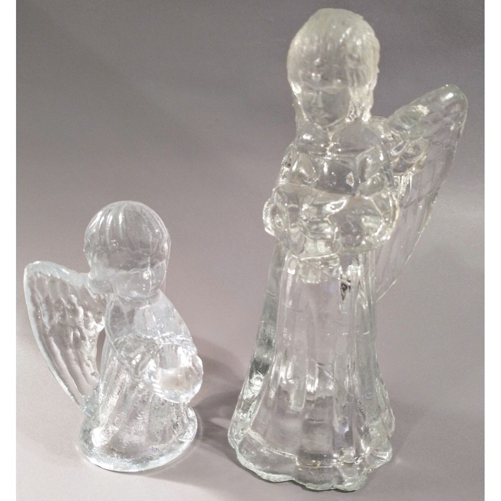 Vintage Crystal Glass Angel Candle Holders Clear Textured Figurines Set of 2